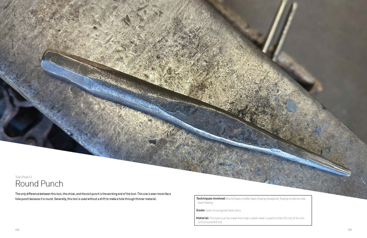 A close-up of a metal punch tool on an anvil, ideal for blacksmithing. With its slender, curved shape and textured finish, it’s perfect for any beginner using "Contemporary Blacksmithing for Beginners" by Schiffer Publishing, Ltd. Partial text below.