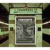 On a subway platform, a sign reads TO CHAMBERS ST. Above, white text lists chapters from "Vintage New York City Subway Signs" by Schiffer Publishing, Ltd., covering subway signs, transit history, and classic wayfinding.