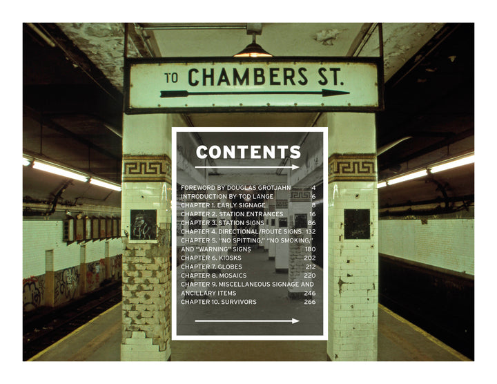 On a subway platform, a sign reads TO CHAMBERS ST. Above, white text lists chapters from "Vintage New York City Subway Signs" by Schiffer Publishing, Ltd., covering subway signs, transit history, and classic wayfinding.