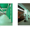 Two vintage subway trains at NYC stations: the left shows a brown train outdoors; the right highlights passengers and classic Schiffer Publishing, Ltd. Vintage New York City Subway Signs, including a Crosstown to Queens sign underground.