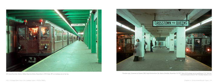 Two vintage subway trains at NYC stations: the left shows a brown train outdoors; the right highlights passengers and classic Schiffer Publishing, Ltd. Vintage New York City Subway Signs, including a Crosstown to Queens sign underground.