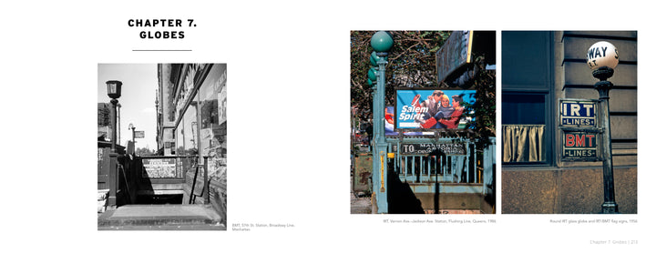 Vintage New York City Subway Signs by Schiffer Publishing, Ltd. showcases a collage of historic subway sign photos, featuring street staircases, round light globes, and early IRT/BMT vintage signage from mid-20th-century New York.