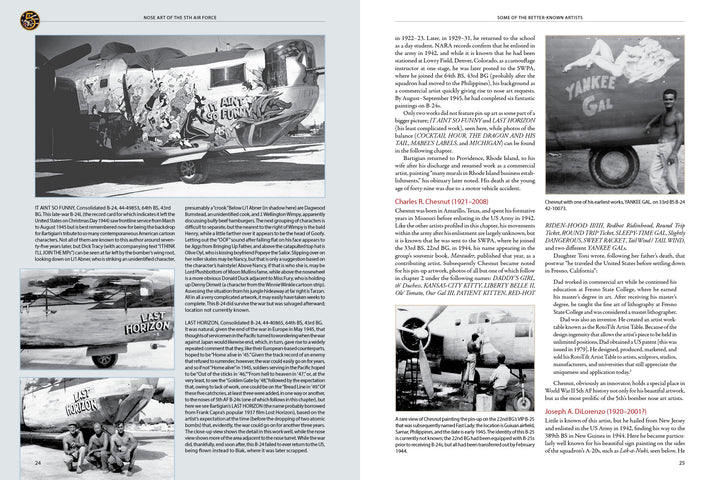 Two pages from Schiffer Publishing, Ltd.'s "Nose Art of the 5th Air Force" display WWII-era black-and-white photos of B-24 bombers with nose art and crew, plus text on the 5th Air Force’s Pacific theater history.