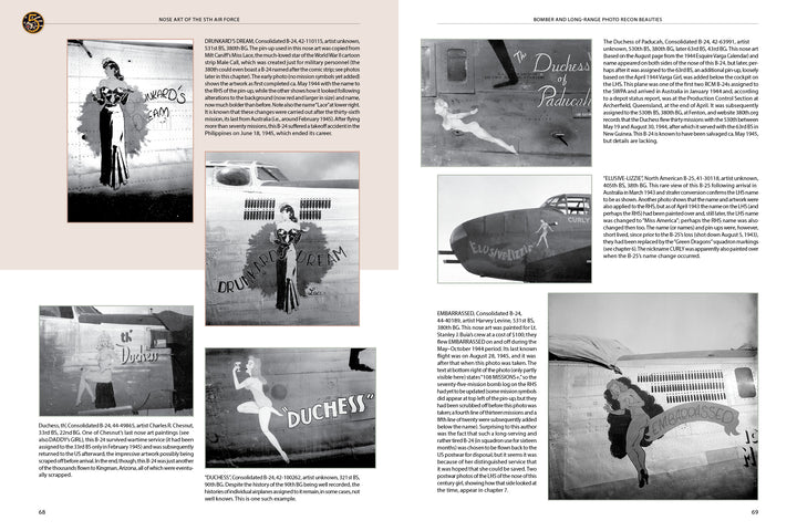 Nose Art of the 5th Air Force by Schiffer Publishing, Ltd. features a two-page spread of black-and-white photos showing WWII Pacific theater aircraft nose art with women, names like Duchess of Paducah and Drunken Duchess, plus detailed captions.