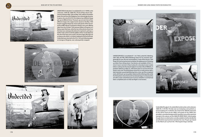A two-page spread from Schifferbooks' "Nose Art of the 5th Air Force: Pin-Ups and More, 1942–1947" displays vintage black-and-white WWII photos showing bomber nose art with pin-up girls and names like Undecided and Under Exposed.