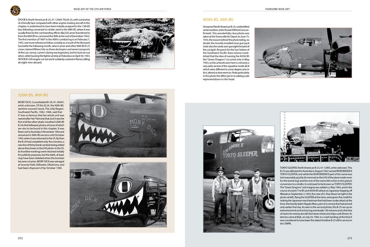 Two pages from "Nose Art of the 5th Air Force: Pin-Ups and More, 1942–1947" by Schifferbooks show WWII bomber nose art with shark mouths, caricatures, crew portraits, and detailed historical captions in black-and-white photos.