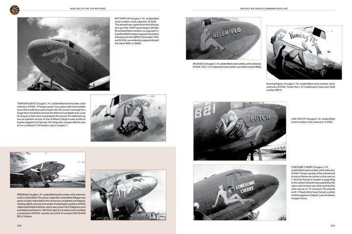 Nose Art of the 5th Air Force by Schiffer Publishing, Ltd. features a two-page spread of WWII Pacific theater aircraft nose art, showcasing black-and-white photos of pin-up girls like “Helen-Flo,” “Lonesome Cherry,” and “Dream Girl” with captions.