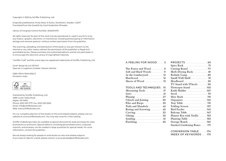A copyright and publication info page from "Welcome to Woodworking" by Schiffer Publishing, Ltd., shows publishing details on the left and a contents list on the right with chapters like A Feeling for Wood, Tools and Techniques, and Projects.