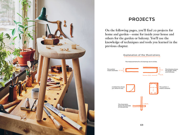 A wooden stool sits on a busy workbench with carpentry tools, shavings, and plants by a sunlit window. The adjacent page of "Welcome to Woodworking" by Schiffer Publishing, Ltd. features beginner project diagrams and easy text.