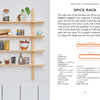 A wooden spice rack with five shelves holds jars and containers. Next to it is Welcome to Woodworking by Schiffer Publishing, Ltd., offering beginner tips, tool and material lists, and construction diagrams.
