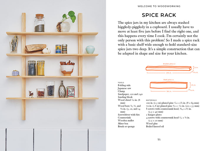 A wooden spice rack with five shelves holds jars and containers. Next to it is Welcome to Woodworking by Schiffer Publishing, Ltd., offering beginner tips, tool and material lists, and construction diagrams.