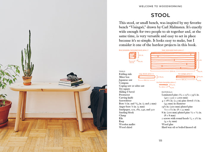 A wooden bench with rounded edges sits against a wall by potted plants. Nearby, "Welcome to Woodworking" from Schiffer Publishing, Ltd. offers beginners step-by-step instructions, diagrams, and a materials list for making a wooden stool.
