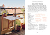 A small wooden folding balcony table is mounted on a metal railing, surrounded by potted plants. The opposite page of "Welcome to Woodworking" by Schiffer Publishing, Ltd. features materials and instructions in black and orange text.