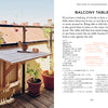 A small wooden folding balcony table is mounted on a metal railing, surrounded by potted plants. The opposite page of "Welcome to Woodworking" by Schiffer Publishing, Ltd. features materials and instructions in black and orange text.