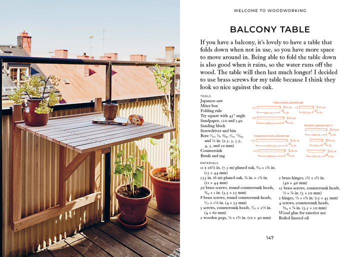 A small wooden folding balcony table is mounted on a metal railing, surrounded by potted plants. The opposite page of "Welcome to Woodworking" by Schiffer Publishing, Ltd. features materials and instructions in black and orange text.