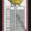 A cross stitch featuring a butterfly and a pen, inspired by The Butterfly Wisdom Tarot from Schiffer Publishing, Ltd., symbolizing transformative healing and new beginnings.