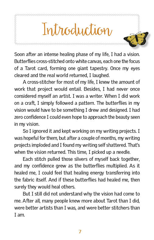 On page 7 of The Butterfly Wisdom Tarot by Schiffer Publishing, Ltd., the Introduction displays a butterfly illustration and explores the author’s vision of butterflies on white canvas after healing, offering insights on art, tarot, and creative value.
