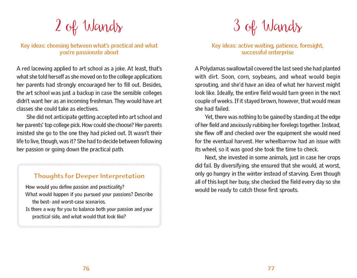 An open book displays pages 76–77 from The Butterfly Wisdom Tarot by Schiffer Publishing, Ltd., offering 2 and 3 of Wands interpretations, summary texts, key ideas, and a Thoughts for Deeper Interpretation box, with transformative healing themes.