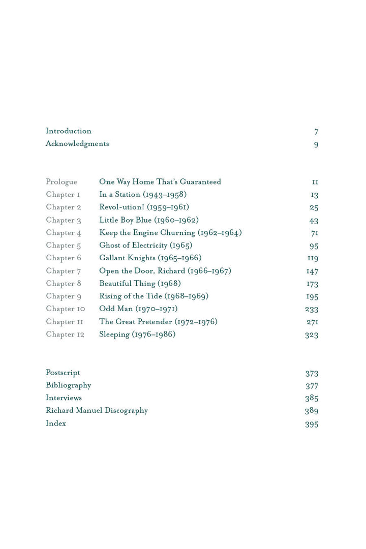 Table of contents lists Prologue, Introduction, Acknowledgments, and chapters titled with The Band’s song names, years, and themes—ideal for the Richard Manuel biography from Schiffer Publishing, Ltd.