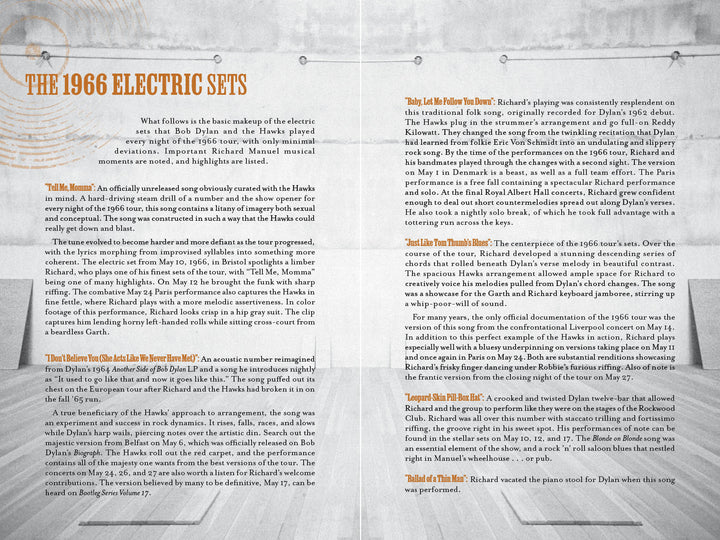 An open magazine spread titled Richard Manuel by Schiffer Publishing, Ltd. features orange and gray text on a sepia-toned background with a wooden floor and stage, discussing Bob Dylan’s 1966 electric performances and the rise of rock music.