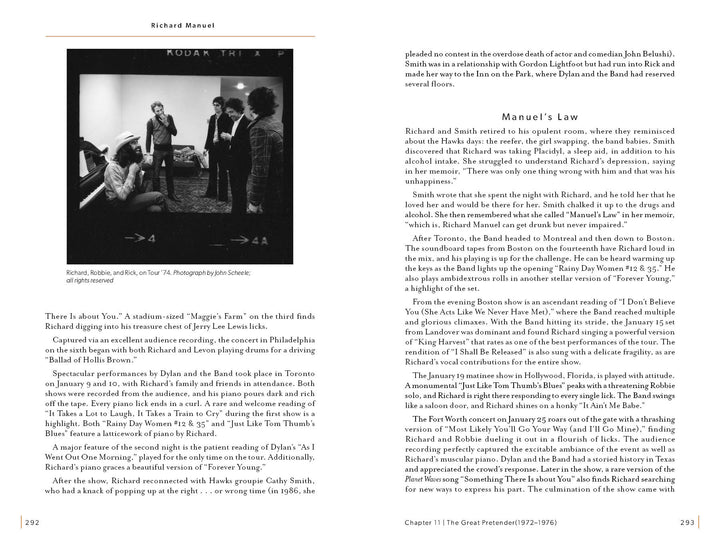 A black-and-white photo shows Richard Manuel at a piano, with Robbie Robertson and Levon Helm of The Band nearby, as featured in "Richard Manuel" by Schiffer Publishing, Ltd.