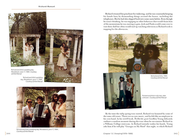 Four photos: a couple at a stone gazebo, groom playing accordion with his bride, both smiling outdoors, and bride with man in glasses. Text about Richard Manuel's marriage and The Band is on the right page of Schiffer Publishing, Ltd.'s "Richard Manuel.