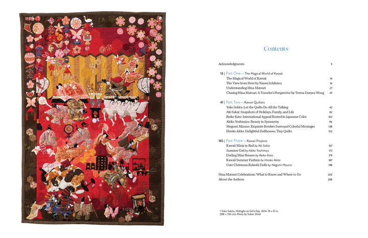 On the left, "Kawaii Appliqué Quilts from Japan" by Schiffer Publishing, Ltd. displays a colorful quilt with people, animals, flowers, and Hawaii-themed motifs; on the right is the book’s table of contents on a white background.