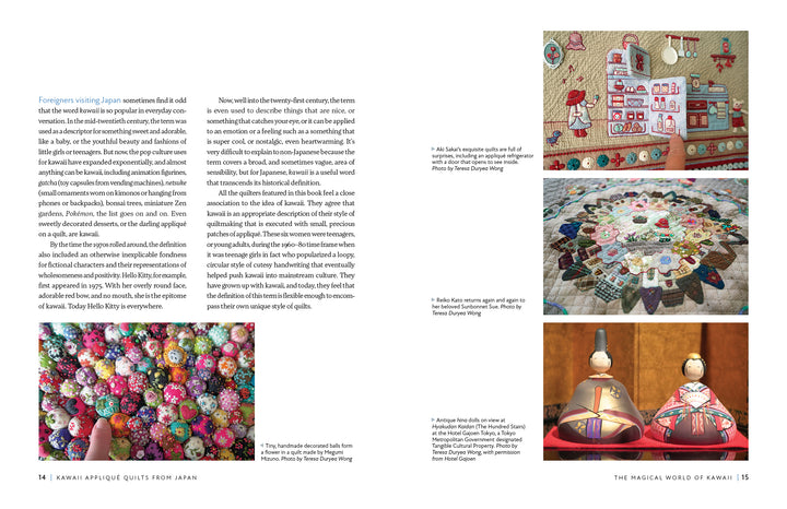 A magazine spread for Schiffer Publishing, Ltd.'s "Kawaii Appliqué Quilts from Japan" showcases Japanese quilting with photos of floral yoyos, sampler and circular quilts, a house appliqué, and kawaii quilted Japanese dolls.