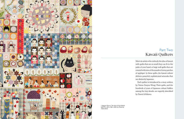 Kawaii Appliqué Quilts from Japan by Schiffer Publishing, Ltd. features vibrant, detailed squares with charming Japanese-inspired designs, plus text introducing a "Kawaii Quilters" section on the right.