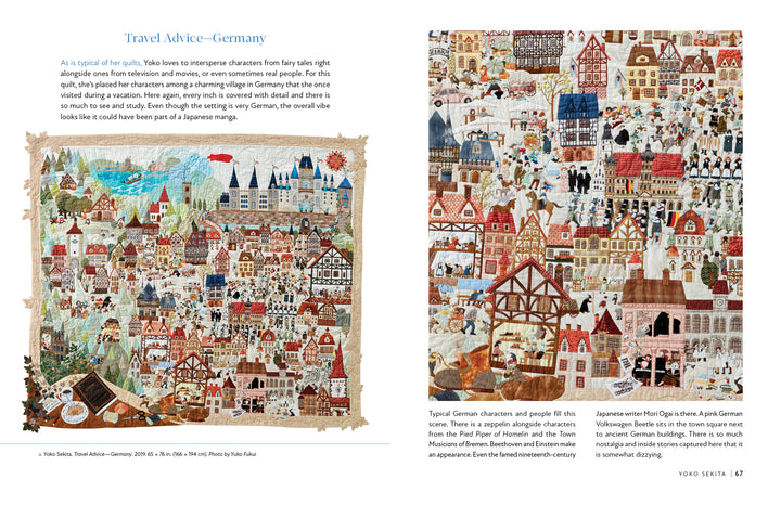 Kawaii Appliqué Quilts from Japan by Schiffer Publishing, Ltd. features two vibrant quilt projects with German village scenes—timbered houses, townspeople, and animals—plus captions on Japanese artist Yoko Saito’s inspiration and interpretation.
