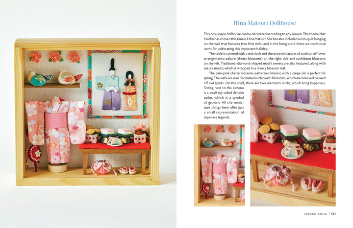 The book "Kawaii Appliqué Quilts from Japan" by Schiffer Publishing, Ltd. features quilt-inspired miniature Hina Matsuri dollhouses with handmade dolls, furniture, and accessories in pink floral patterns, plus a set description on the right page.