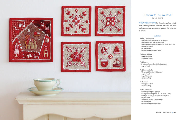 Five red and beige quilt squares inspired by Japanese quilting from "Kawaii Appliqué Quilts from Japan" by Schiffer Publishing, Ltd. hang above a white shelf with a pale green teacup; materials and project info are shown to the right.