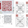 A magazine spread features Kawaii Appliqué Quilts from Japan by Schiffer Publishing, Ltd., showing four red-themed mini quilts above applique templates and instructions for Japanese floral and nautical designs.