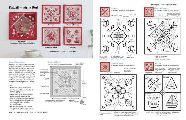 A magazine spread features Kawaii Appliqué Quilts from Japan by Schiffer Publishing, Ltd., showing four red-themed mini quilts above applique templates and instructions for Japanese floral and nautical designs.