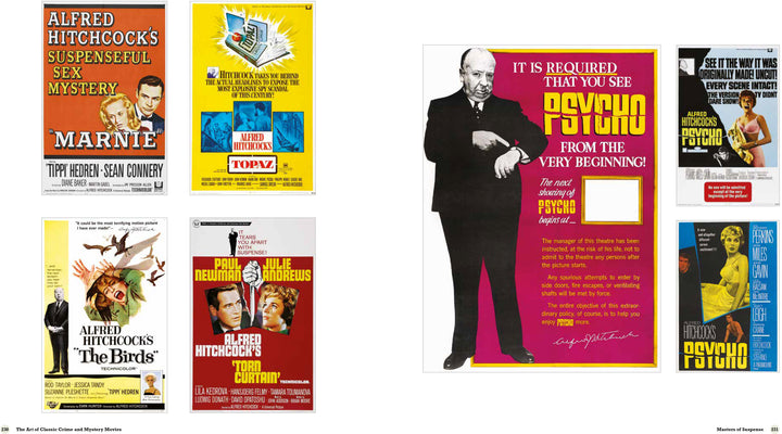 A collage from "The Art of Classic Crime and Mystery Movies" by Schiffer Publishing, Ltd., showcases vintage film posters, including Hitchcock classics like Marnie, Topaz, The Birds, Torn Curtain, and a magenta Psycho poster.