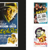 A collage for "The Art of Classic Crime and Mystery Movies" by Schiffer Publishing, Ltd., featuring five vintage noir poster designs with bold fonts and dramatic art from films like Out of the Past, Decoy, The Postman Always Rings Twice, La Strada Scarlatta, and Detour.