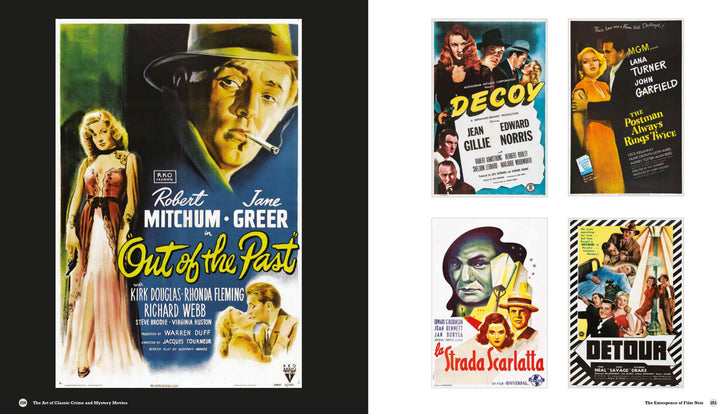 A collage for "The Art of Classic Crime and Mystery Movies" by Schiffer Publishing, Ltd., featuring five vintage noir poster designs with bold fonts and dramatic art from films like Out of the Past, Decoy, The Postman Always Rings Twice, La Strada Scarlatta, and Detour.