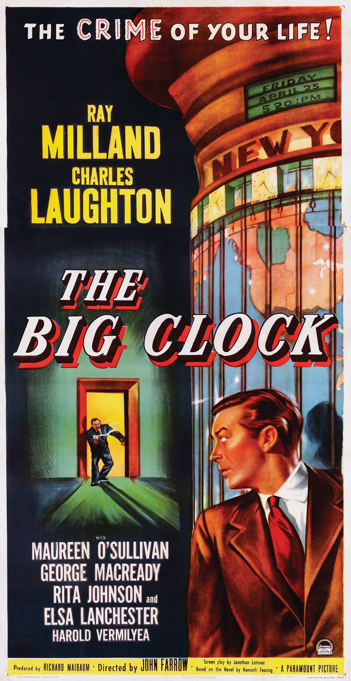 A vintage-style poster from "The Art of Classic Crime and Mystery Movies" by Schiffer Publishing, Ltd. features a man glancing back warily as another holds a gun by a giant clock, with bold titles and cast names displayed.