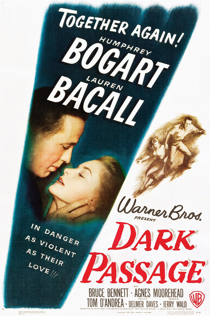 Poster artwork from The Art of Classic Crime and Mystery Movies by Schiffer Publishing, Ltd., featuring Bogart and Bacall in a close-up, bold text, and the tagline: “In danger as violent as their love!”—a true film history highlight.