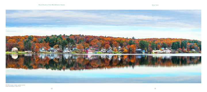 The book "Back Roads of the Mid-Atlantic States" by Schiffer Publishing, Ltd. features colorful autumn trees and houses along calm lakes, reflecting vibrant fall foliage—a stunning landscape photography scene under partly cloudy skies.