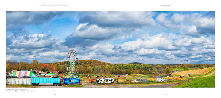 Capture scenic Mid-Atlantic travel with "Back Roads of the Mid-Atlantic States" by Schiffer Publishing, Ltd.—featuring colorful New Jersey fairgrounds, Ferris wheels, food stands, and rolling autumn hills under a blue sky.