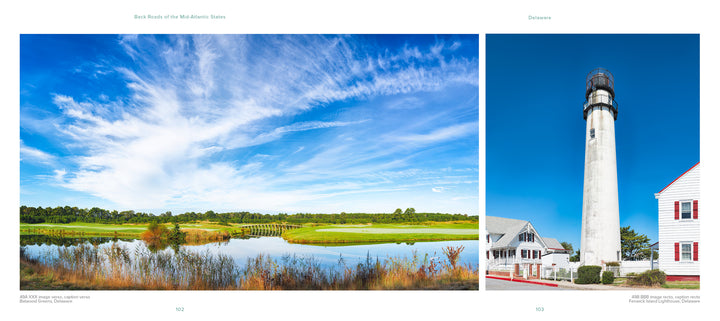 Left: A scenic golf course with pond and bridge highlights the beauty of the Mid-Atlantic. Right: A striking white lighthouse beside a house is ideal for photography. Featured in "Back Roads of the Mid-Atlantic States" by Schiffer Publishing, Ltd.