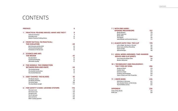 Table of contents pages from Folding Knives by Schiffer Publishing, Ltd., featuring chapters like Practical Folding Knives, Blade Shapes, Locking Systems, Knife Fans, and an appendix with page numbers in red and black.