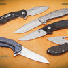 Five Folding Knives by Schiffer Publishing, Ltd. displays various handle designs and blade shapes on a wooden surface, serving as a pocketknife guide to modern styles and materials.