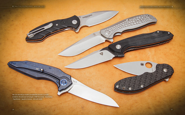 Five Folding Knives by Schiffer Publishing, Ltd. displays various handle designs and blade shapes on a wooden surface, serving as a pocketknife guide to modern styles and materials.