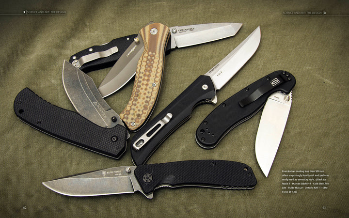 Five Schiffer Publishing, Ltd. Folding Knives with varied handle designs and finishes are arranged in a fan-like display, partially overlapping on a green fabric background.