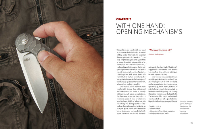 A hand displays an open silver Folding Knife above a brown jacket. Pictured next to a book chapter titled "With One Hand: Opening Mechanisms," this guide is from Schiffer Publishing, Ltd.