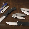 Five Folding Knives from Schiffer Publishing, Ltd. with varied blade shapes and handle styles are shown on a stitched brown leather surface, creating a visually appealing guide for knife enthusiasts.
