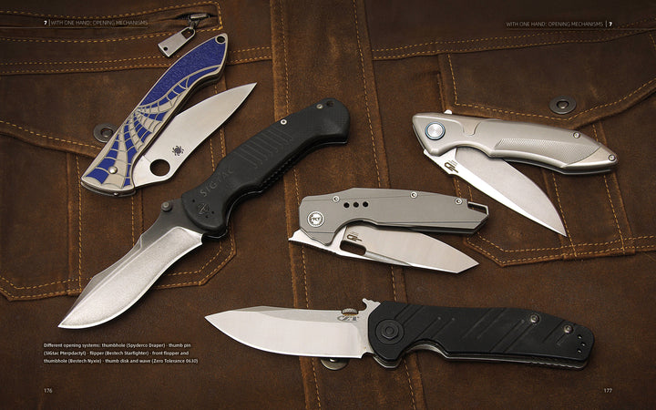 Five Folding Knives from Schiffer Publishing, Ltd. with varied blade shapes and handle styles are shown on a stitched brown leather surface, creating a visually appealing guide for knife enthusiasts.