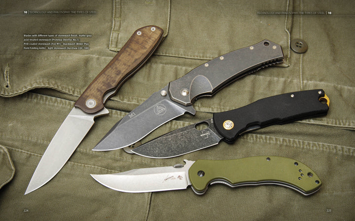 Four Schiffer Publishing, Ltd. Folding Knives, featuring diverse handle materials and blade styles, are displayed open and overlapping on olive green fabric—ideal for a modern pocketknife guide highlighting unique finishes.